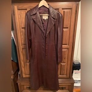 NWOT Incredible Brown Long Leather Jacket with Belt Size 12